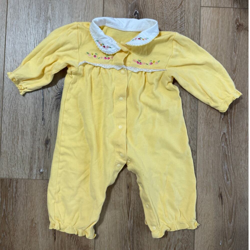 Yellow Floral Embroidered Baby Romper Peter Pan Collar 6-9M Vintage Style